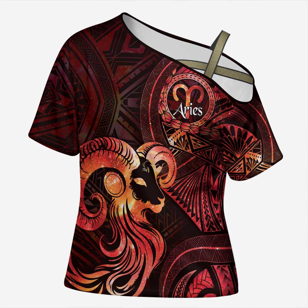 Personalised Polynesia Zodiac Aries Cross Shoulder Shirt Galaxy Polynesian Pattern Chest Tattoo Style