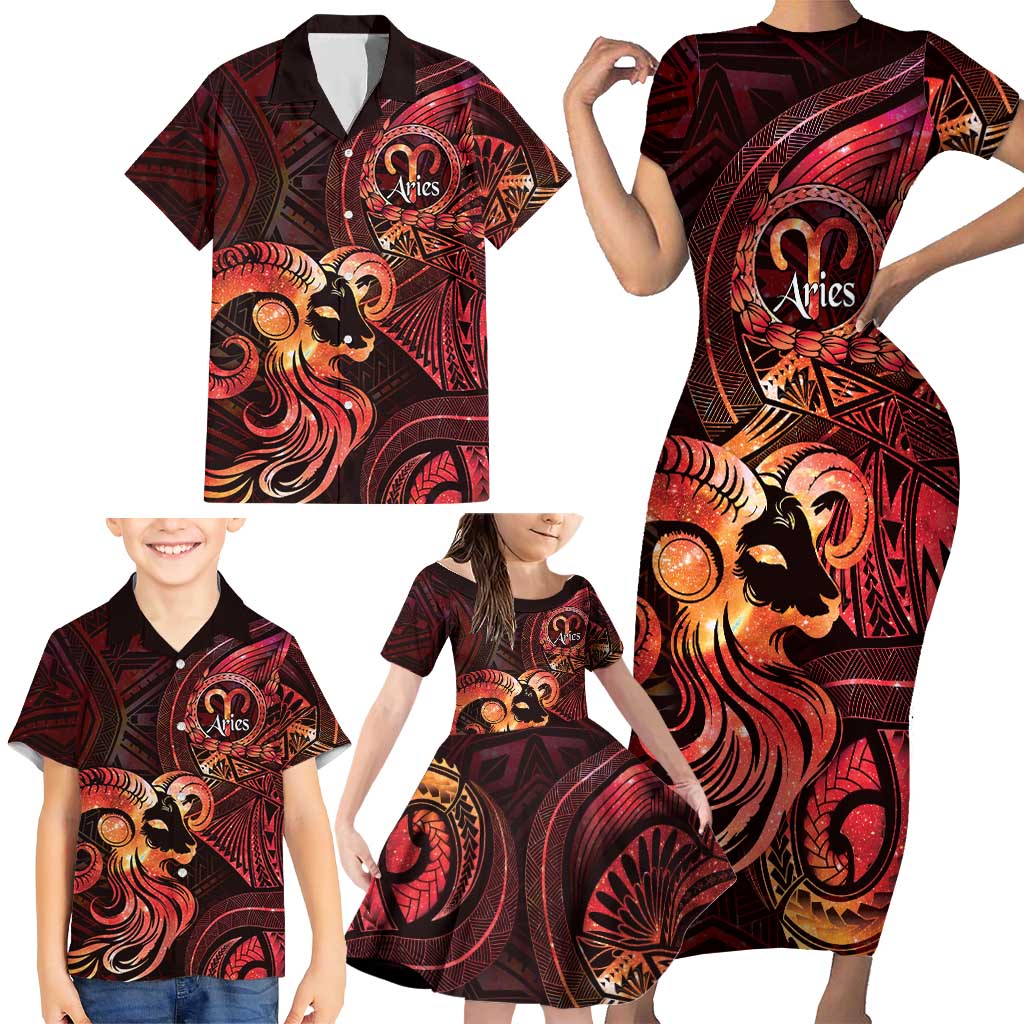 Personalised Polynesia Zodiac Aries Family Matching Short Sleeve Bodycon Dress and Hawaiian Shirt Galaxy Polynesian Pattern Chest Tattoo Style