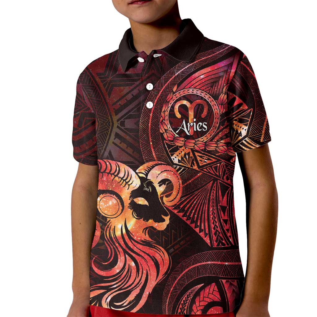 Personalised Polynesia Zodiac Aries Kid Polo Shirt Galaxy Polynesian Pattern Chest Tattoo Style