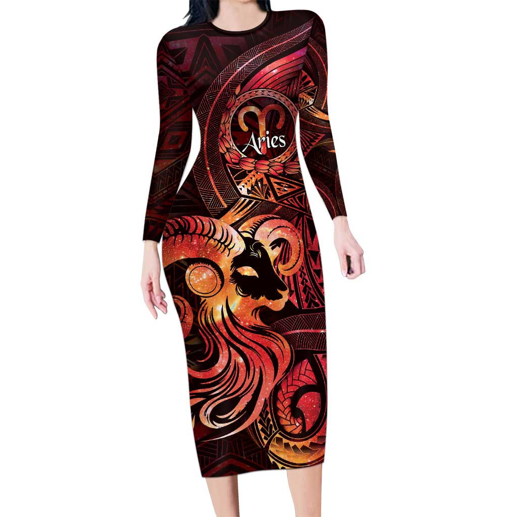 Personalised Polynesia Zodiac Aries Long Sleeve Bodycon Dress Galaxy Polynesian Pattern Chest Tattoo Style