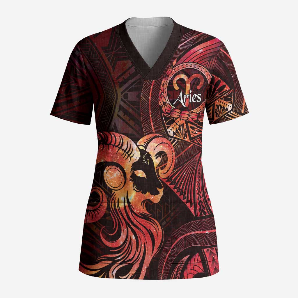 Personalised Polynesia Zodiac Aries Scrub Top Galaxy Polynesian Pattern Chest Tattoo Style
