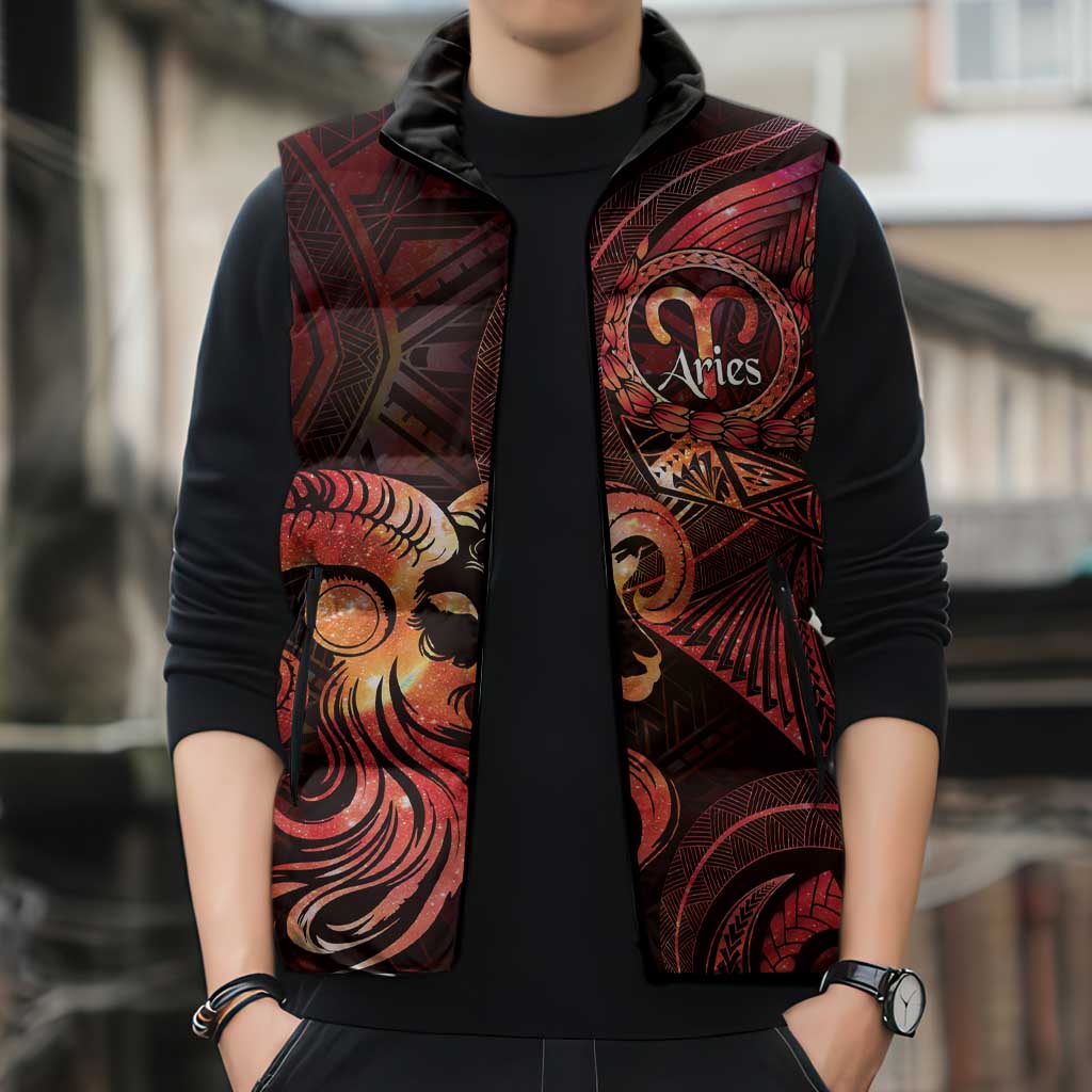 Personalised Polynesia Zodiac Aries Sleeveless Puffer Jacket Galaxy Polynesian Pattern Chest Tattoo Style