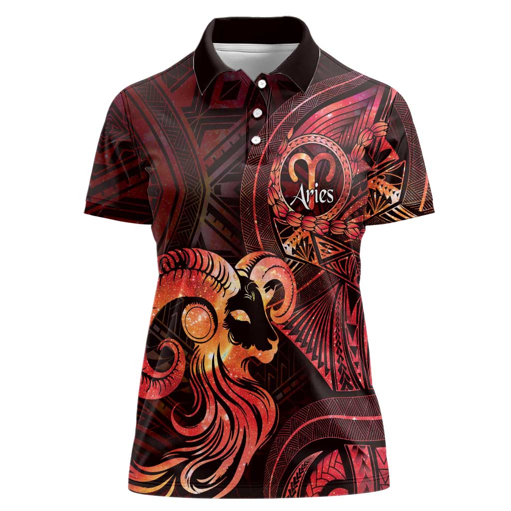 Personalised Polynesia Zodiac Aries Women Polo Shirt Galaxy Polynesian Pattern Chest Tattoo Style