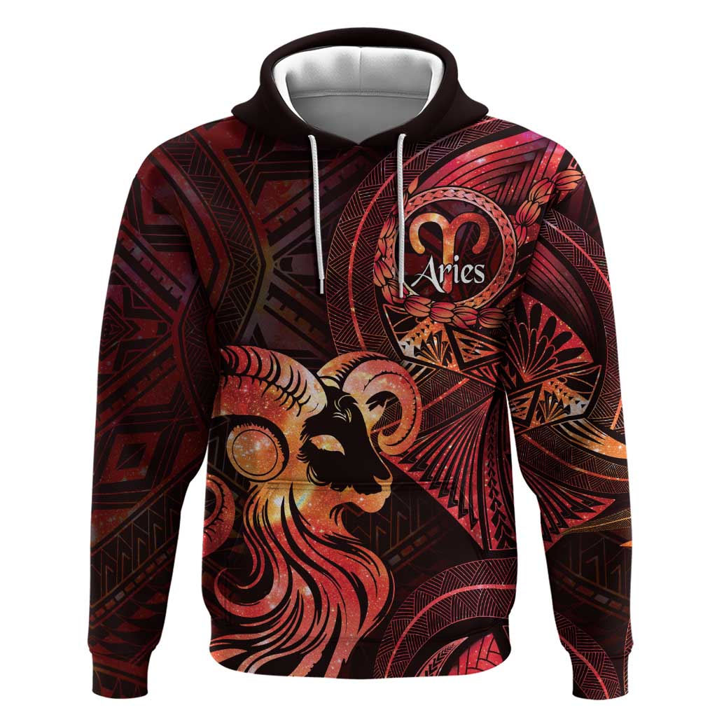 Personalised Polynesia Zodiac Aries Zip Hoodie Galaxy Polynesian Pattern Chest Tattoo Style