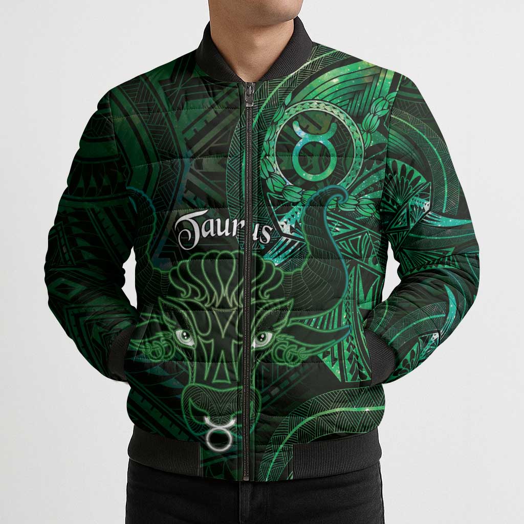 Personalised Polynesia Zodiac Taurus Bomber Puffer Jacket Galaxy Polynesian Pattern Chest Tattoo Style