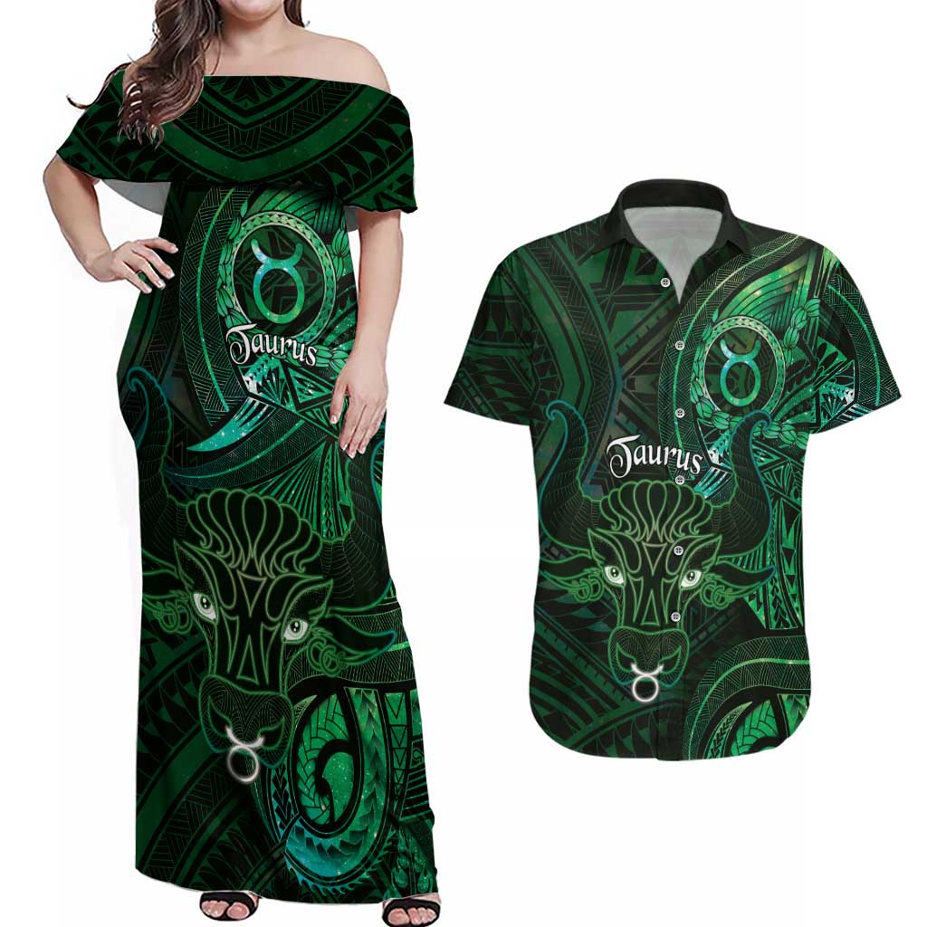 Personalised Polynesia Zodiac Taurus Couples Matching Off Shoulder Maxi Dress and Hawaiian Shirt Galaxy Polynesian Pattern Chest Tattoo Style