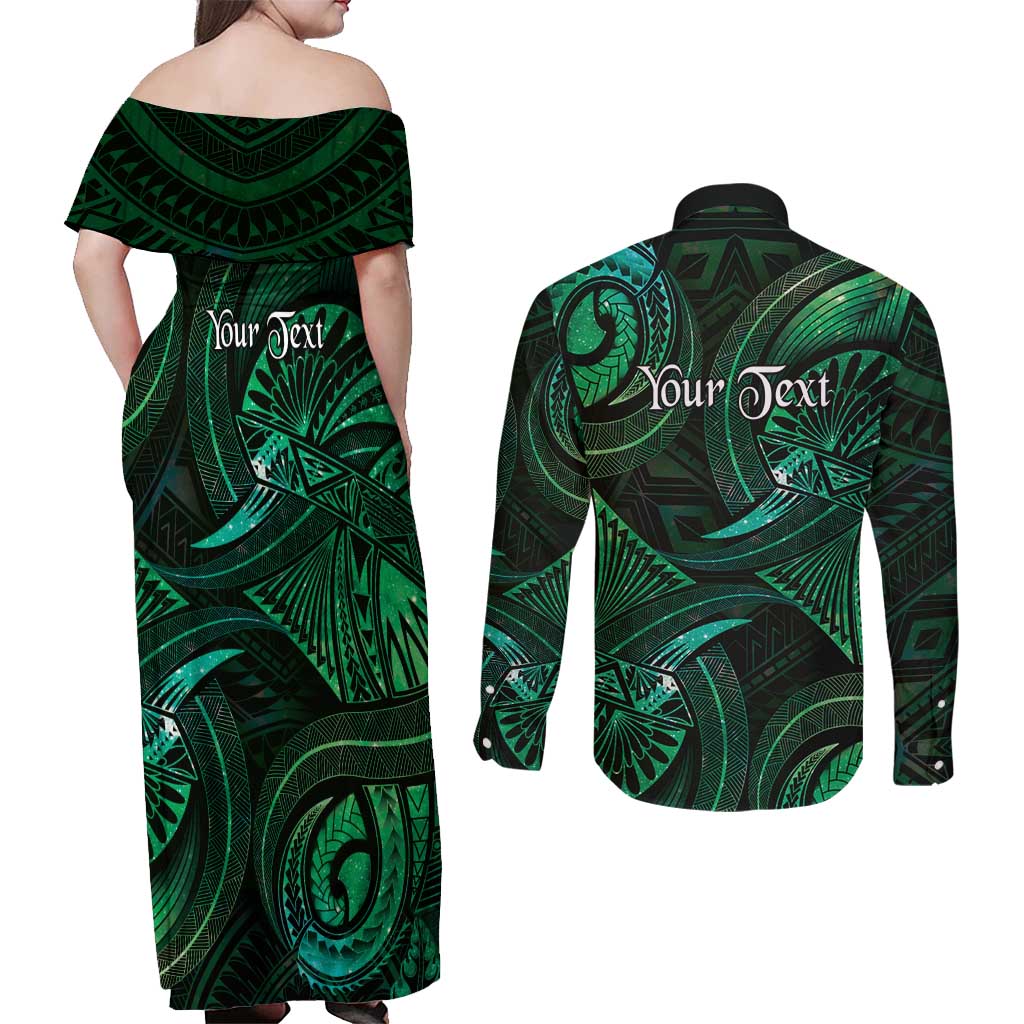 Personalised Polynesia Zodiac Taurus Couples Matching Off Shoulder Maxi Dress and Long Sleeve Button Shirt Galaxy Polynesian Pattern Chest Tattoo Style