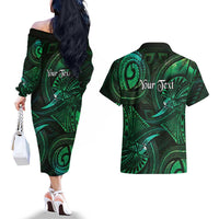 Personalised Polynesia Zodiac Taurus Couples Matching Off The Shoulder Long Sleeve Dress and Hawaiian Shirt Galaxy Polynesian Pattern Chest Tattoo Style