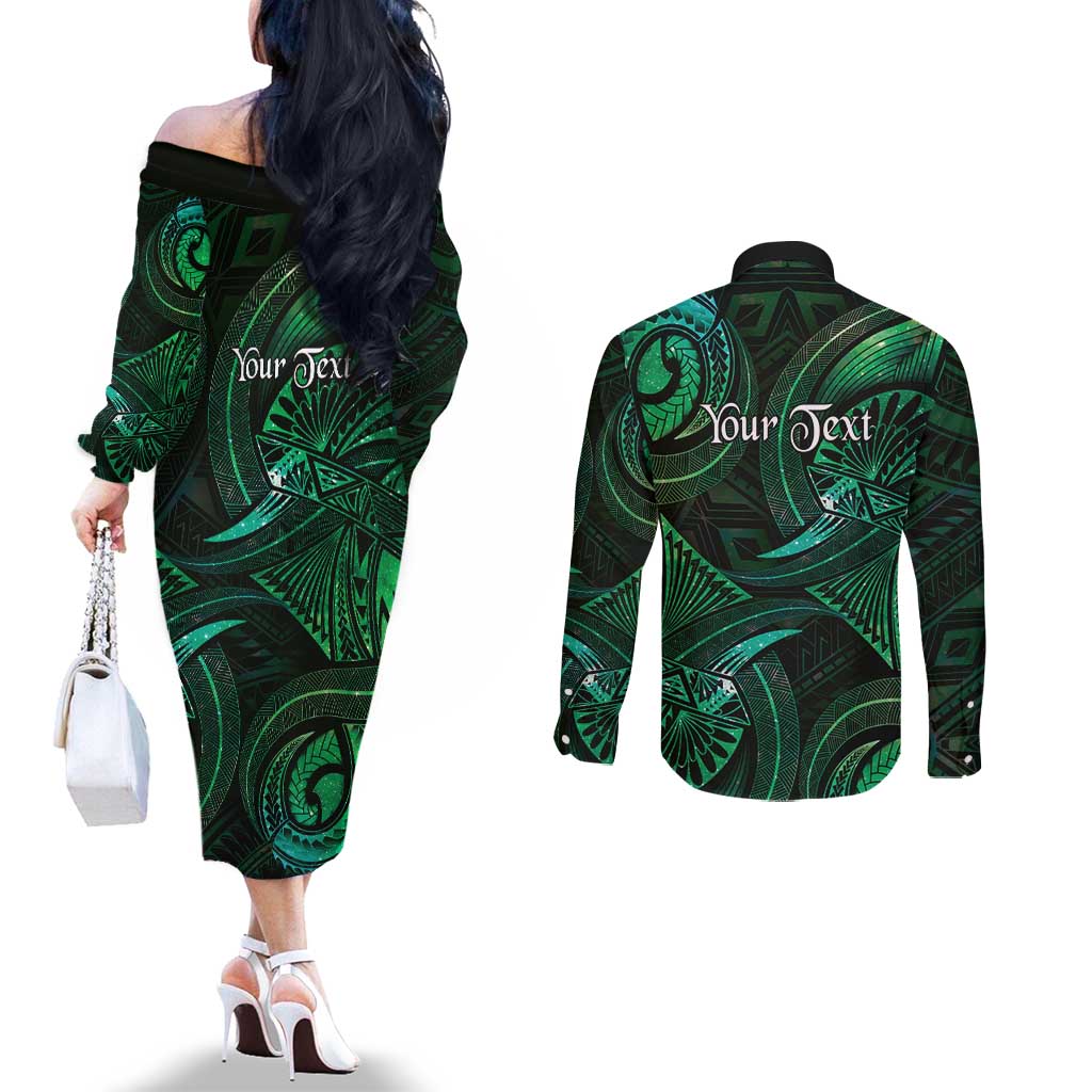 Personalised Polynesia Zodiac Taurus Couples Matching Off The Shoulder Long Sleeve Dress and Long Sleeve Button Shirt Galaxy Polynesian Pattern Chest Tattoo Style