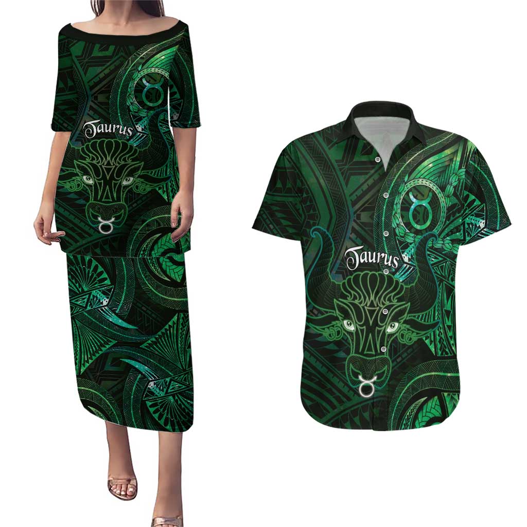 Personalised Polynesia Zodiac Taurus Couples Matching Puletasi and Hawaiian Shirt Galaxy Polynesian Pattern Chest Tattoo Style