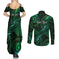 Personalised Polynesia Zodiac Taurus Couples Matching Summer Maxi Dress and Long Sleeve Button Shirt Galaxy Polynesian Pattern Chest Tattoo Style