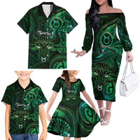 Personalised Polynesia Zodiac Taurus Family Matching Off The Shoulder Long Sleeve Dress and Hawaiian Shirt Galaxy Polynesian Pattern Chest Tattoo Style