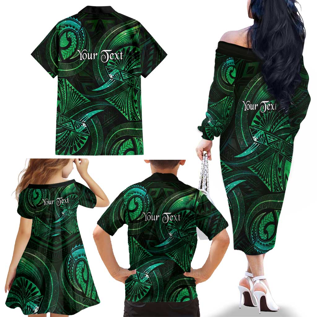 Personalised Polynesia Zodiac Taurus Family Matching Off The Shoulder Long Sleeve Dress and Hawaiian Shirt Galaxy Polynesian Pattern Chest Tattoo Style