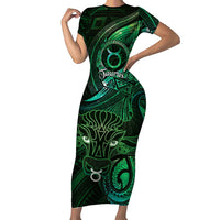 Personalised Polynesia Zodiac Taurus Family Matching Short Sleeve Bodycon Dress and Hawaiian Shirt Galaxy Polynesian Pattern Chest Tattoo Style