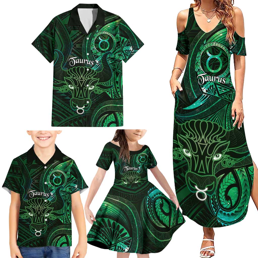 Personalised Polynesia Zodiac Taurus Family Matching Summer Maxi Dress and Hawaiian Shirt Galaxy Polynesian Pattern Chest Tattoo Style
