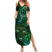 Personalised Polynesia Zodiac Taurus Family Matching Summer Maxi Dress and Hawaiian Shirt Galaxy Polynesian Pattern Chest Tattoo Style
