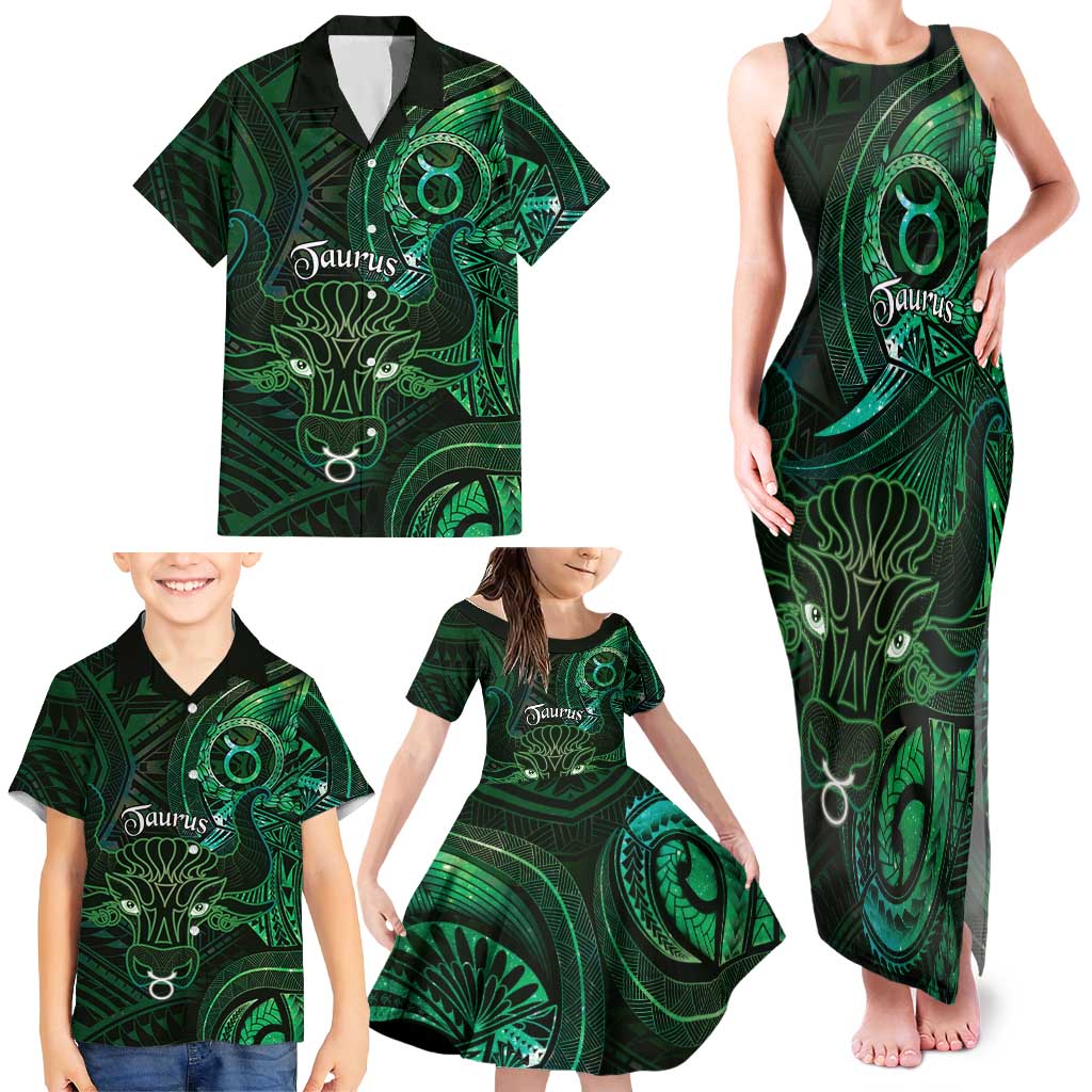 Personalised Polynesia Zodiac Taurus Family Matching Tank Maxi Dress and Hawaiian Shirt Galaxy Polynesian Pattern Chest Tattoo Style