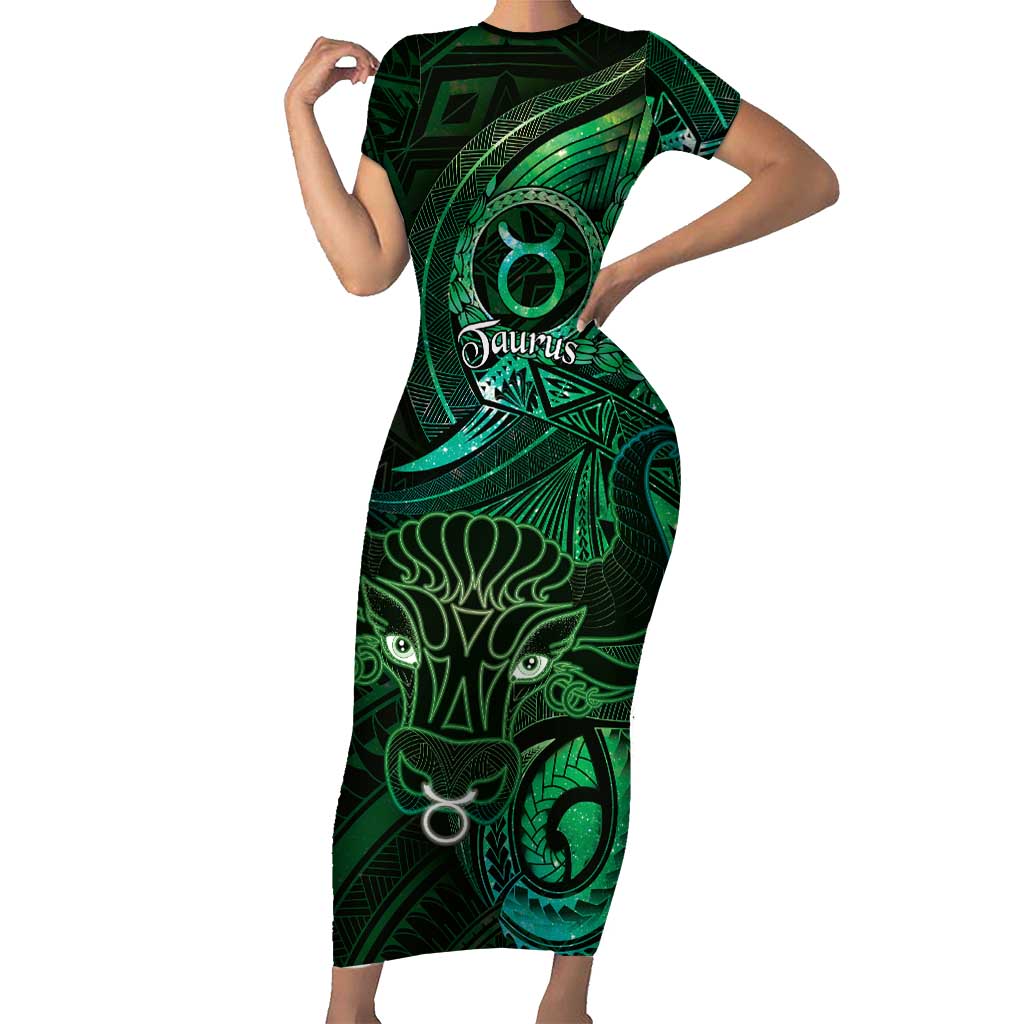 Personalised Polynesia Zodiac Taurus Short Sleeve Bodycon Dress Galaxy Polynesian Pattern Chest Tattoo Style