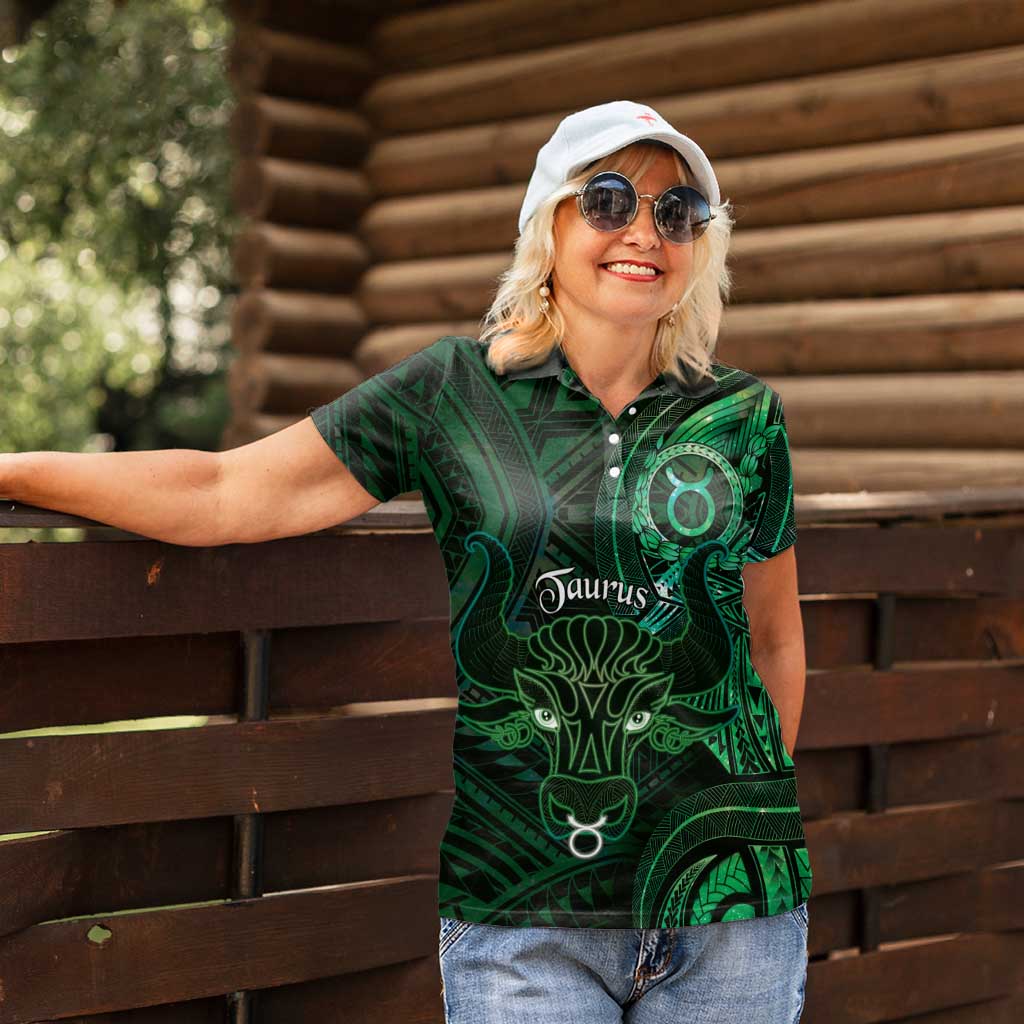 Personalised Polynesia Zodiac Taurus Women Polo Shirt Galaxy Polynesian Pattern Chest Tattoo Style