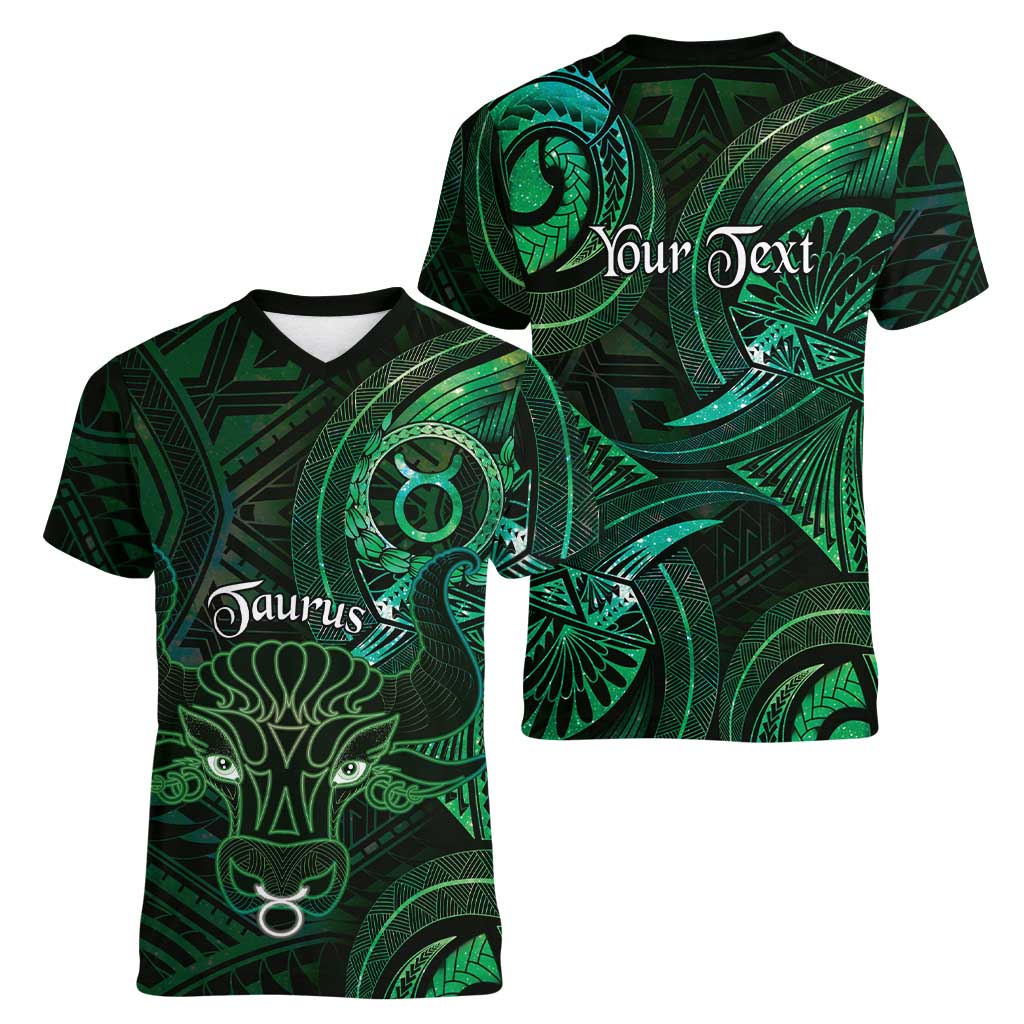 Personalised Polynesia Zodiac Taurus Women V-Neck T-Shirt Galaxy Polynesian Pattern Chest Tattoo Style