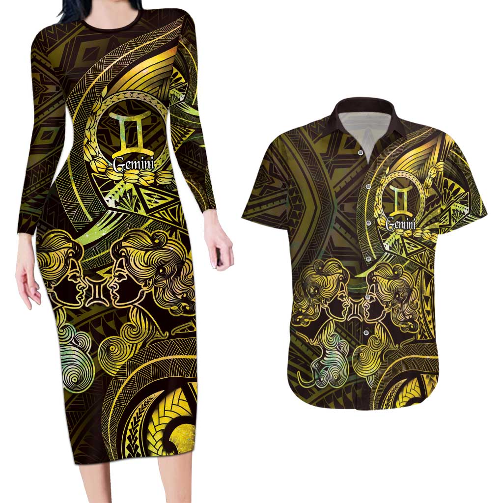 Personalised Polynesia Zodiac Gemini Couples Matching Long Sleeve Bodycon Dress and Hawaiian Shirt Galaxy Polynesian Pattern Chest Tattoo Style