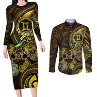 Personalised Polynesia Zodiac Gemini Couples Matching Long Sleeve Bodycon Dress and Long Sleeve Button Shirt Galaxy Polynesian Pattern Chest Tattoo Style