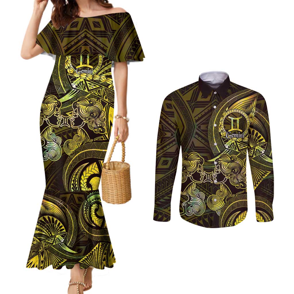 Personalised Polynesia Zodiac Gemini Couples Matching Mermaid Dress and Long Sleeve Button Shirt Galaxy Polynesian Pattern Chest Tattoo Style