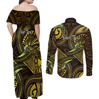 Personalised Polynesia Zodiac Gemini Couples Matching Off Shoulder Maxi Dress and Long Sleeve Button Shirt Galaxy Polynesian Pattern Chest Tattoo Style
