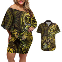 Personalised Polynesia Zodiac Gemini Couples Matching Off Shoulder Short Dress and Hawaiian Shirt Galaxy Polynesian Pattern Chest Tattoo Style