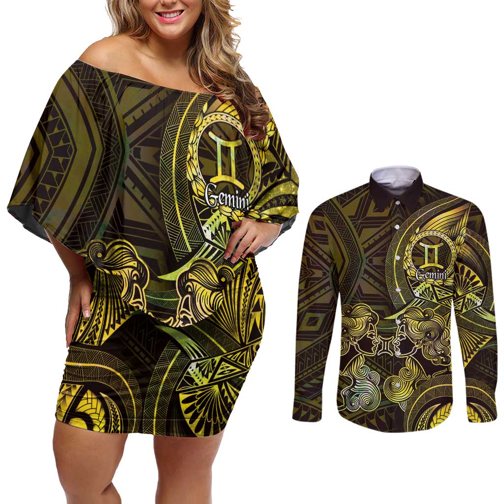 Personalised Polynesia Zodiac Gemini Couples Matching Off Shoulder Short Dress and Long Sleeve Button Shirt Galaxy Polynesian Pattern Chest Tattoo Style