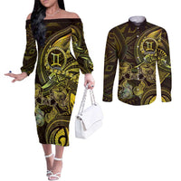 Personalised Polynesia Zodiac Gemini Couples Matching Off The Shoulder Long Sleeve Dress and Long Sleeve Button Shirt Galaxy Polynesian Pattern Chest Tattoo Style