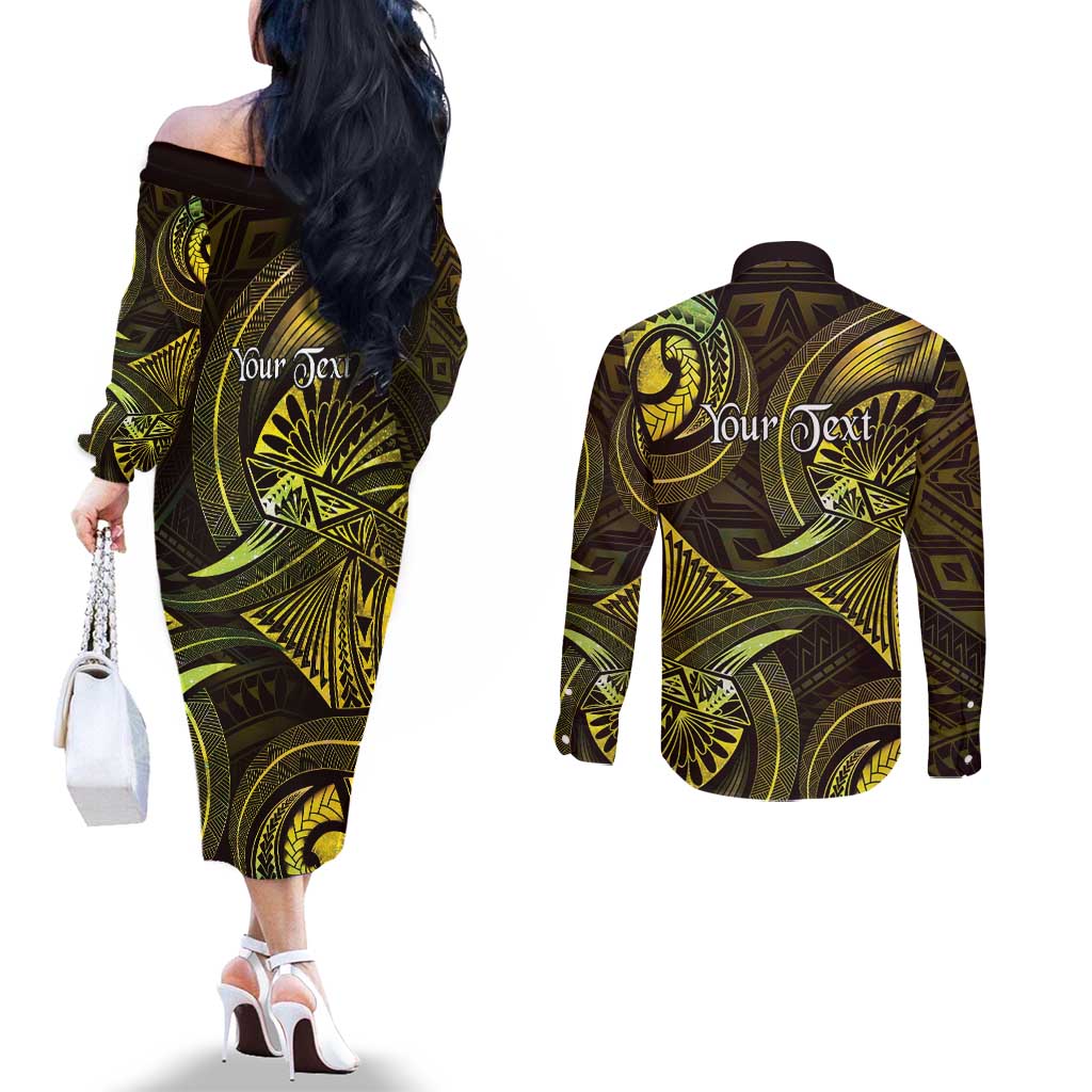 Personalised Polynesia Zodiac Gemini Couples Matching Off The Shoulder Long Sleeve Dress and Long Sleeve Button Shirt Galaxy Polynesian Pattern Chest Tattoo Style