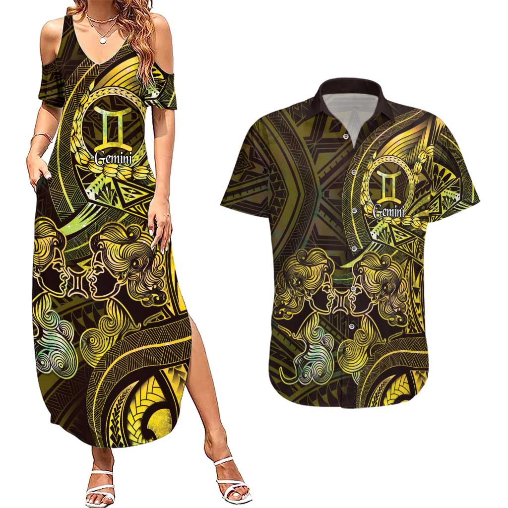 Personalised Polynesia Zodiac Gemini Couples Matching Summer Maxi Dress and Hawaiian Shirt Galaxy Polynesian Pattern Chest Tattoo Style