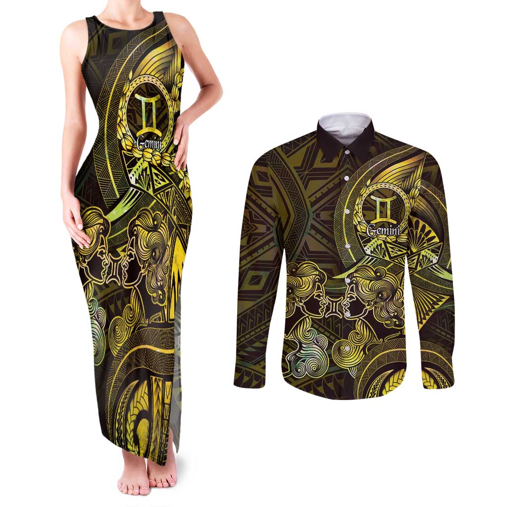 Personalised Polynesia Zodiac Gemini Couples Matching Tank Maxi Dress and Long Sleeve Button Shirt Galaxy Polynesian Pattern Chest Tattoo Style