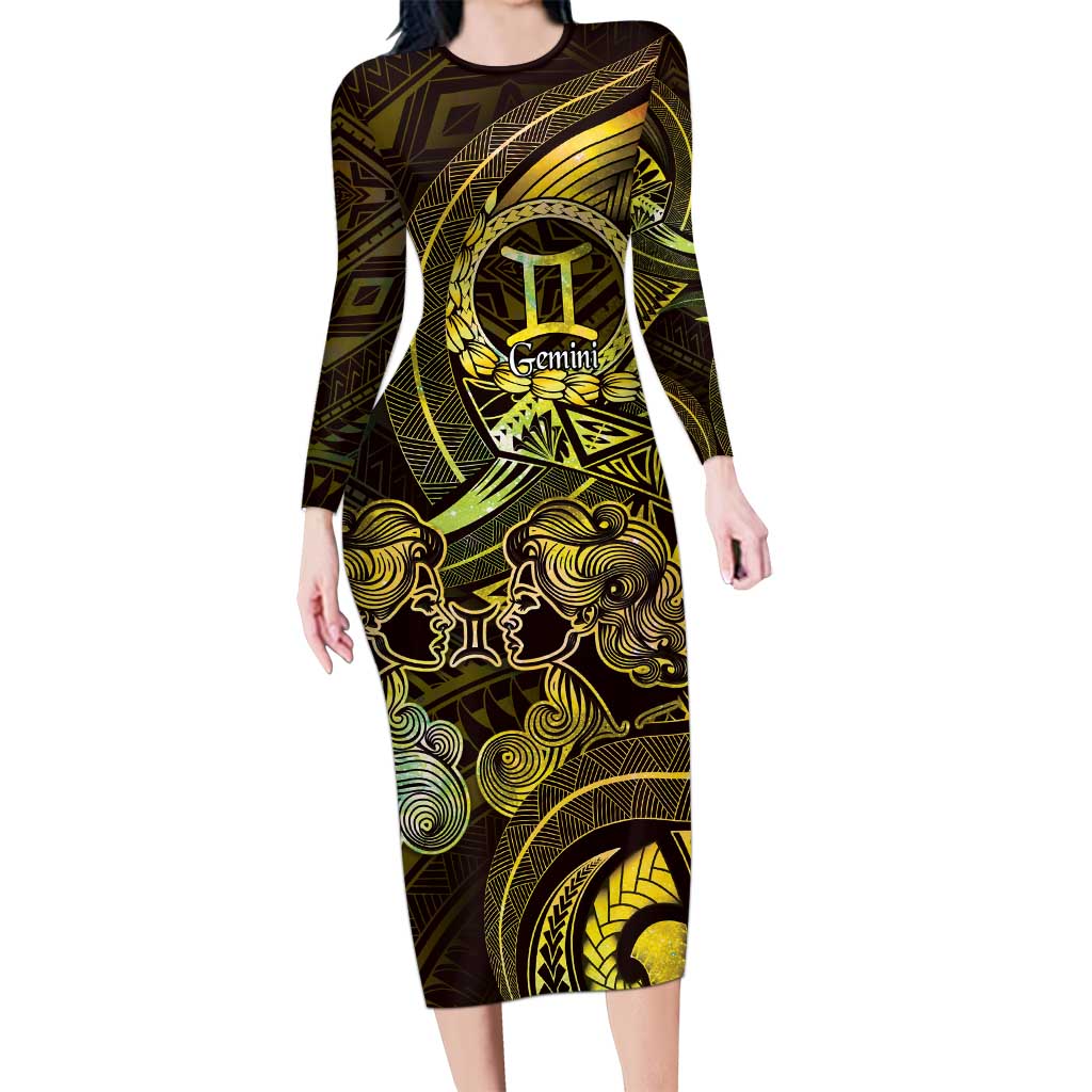 Personalised Polynesia Zodiac Gemini Family Matching Long Sleeve Bodycon Dress and Hawaiian Shirt Galaxy Polynesian Pattern Chest Tattoo Style