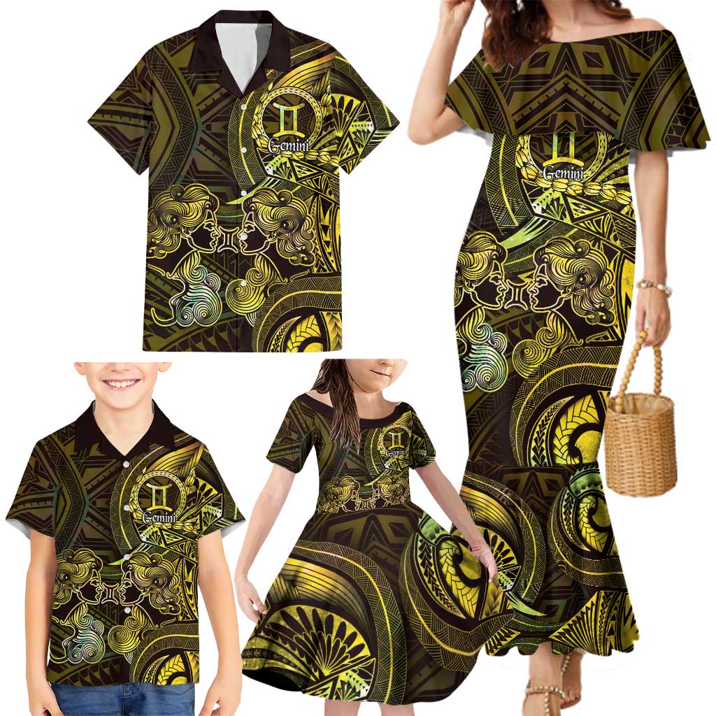 Personalised Polynesia Zodiac Gemini Family Matching Mermaid Dress and Hawaiian Shirt Galaxy Polynesian Pattern Chest Tattoo Style