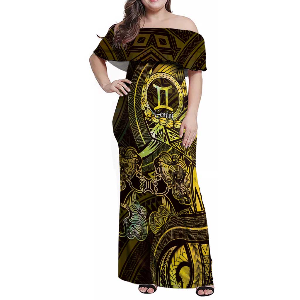 Personalised Polynesia Zodiac Gemini Family Matching Off Shoulder Maxi Dress and Hawaiian Shirt Galaxy Polynesian Pattern Chest Tattoo Style