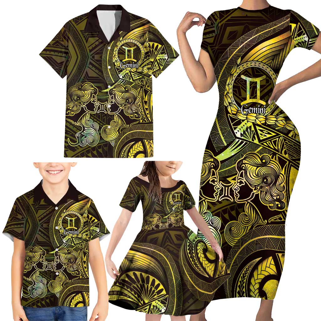 Personalised Polynesia Zodiac Gemini Family Matching Short Sleeve Bodycon Dress and Hawaiian Shirt Galaxy Polynesian Pattern Chest Tattoo Style