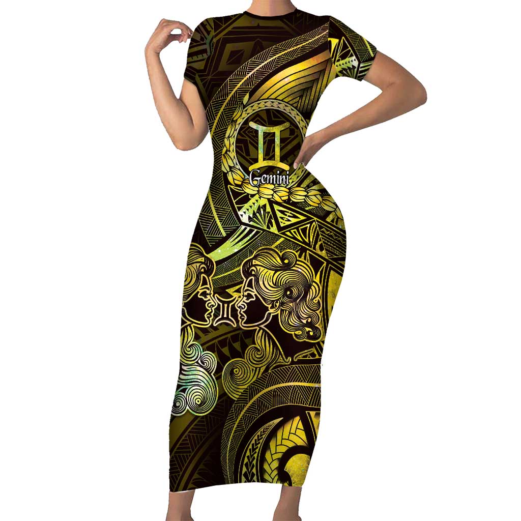 Personalised Polynesia Zodiac Gemini Family Matching Short Sleeve Bodycon Dress and Hawaiian Shirt Galaxy Polynesian Pattern Chest Tattoo Style
