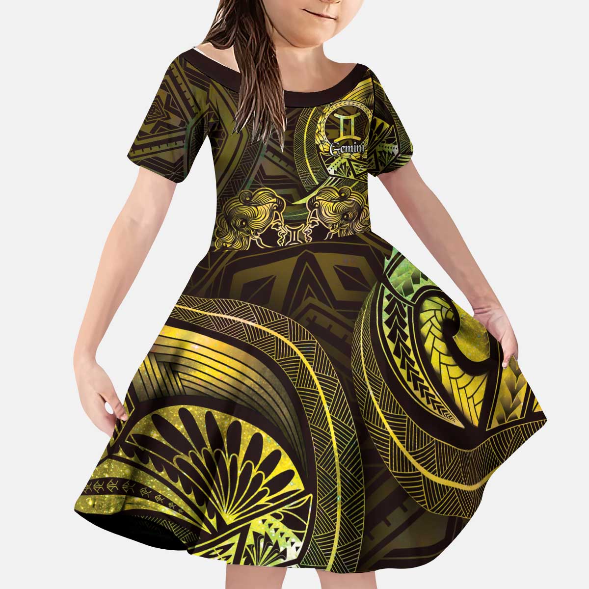 Personalised Polynesia Zodiac Gemini Kid Short Sleeve Dress Galaxy Polynesian Pattern Chest Tattoo Style