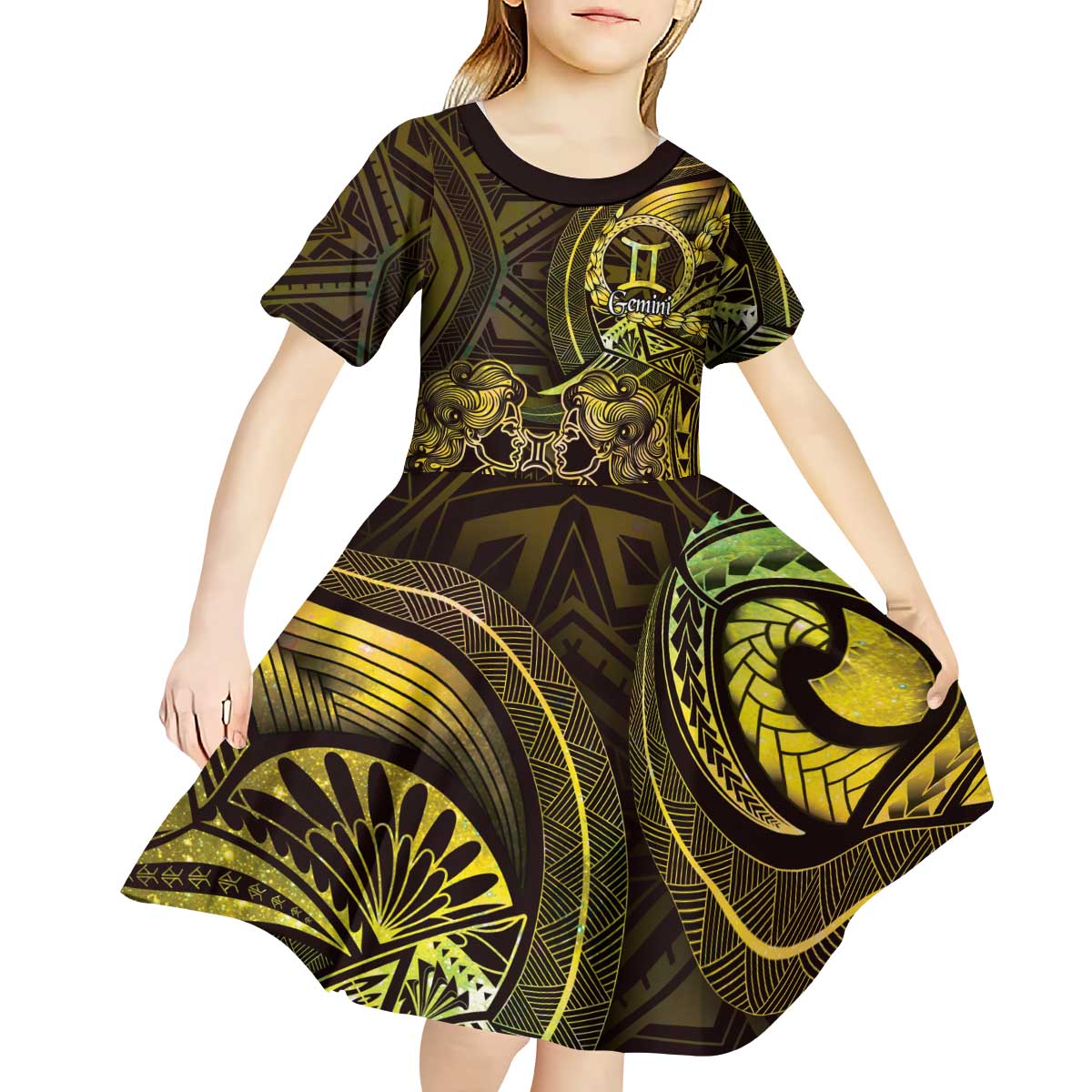 Personalised Polynesia Zodiac Gemini Kid Short Sleeve Dress Galaxy Polynesian Pattern Chest Tattoo Style