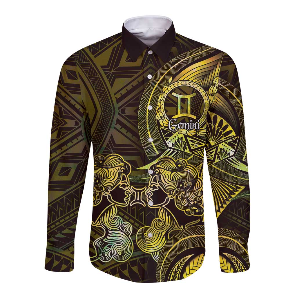 Personalised Polynesia Zodiac Gemini Long Sleeve Button Shirt Galaxy Polynesian Pattern Chest Tattoo Style