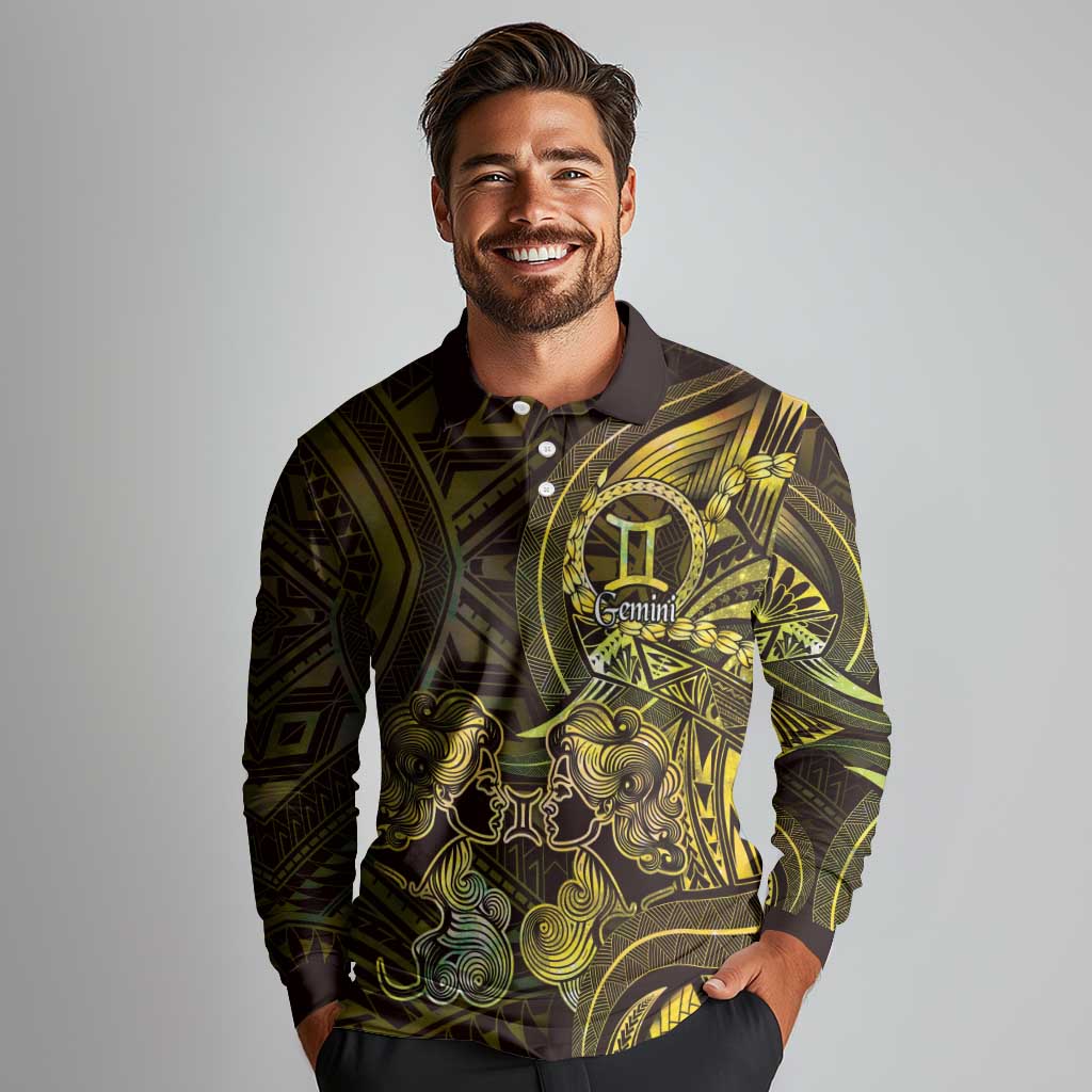 Personalised Polynesia Zodiac Gemini Long Sleeve Polo Shirt Galaxy Polynesian Pattern Chest Tattoo Style