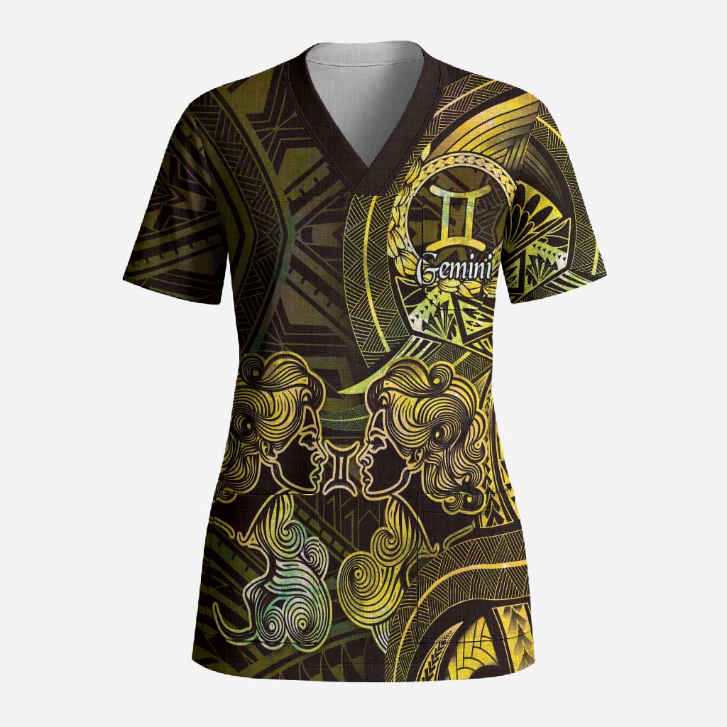 Personalised Polynesia Zodiac Gemini Scrub Top Galaxy Polynesian Pattern Chest Tattoo Style