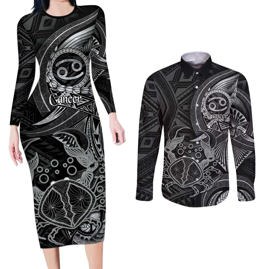 Personalised Polynesia Zodiac Cancer Couples Matching Long Sleeve Bodycon Dress and Long Sleeve Button Shirt Galaxy Polynesian Pattern Chest Tattoo Style