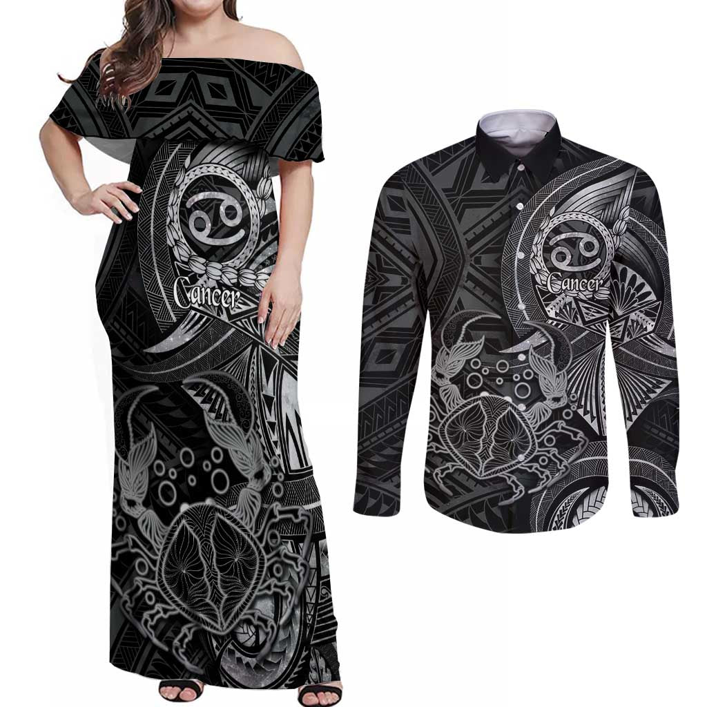 Personalised Polynesia Zodiac Cancer Couples Matching Off Shoulder Maxi Dress and Long Sleeve Button Shirt Galaxy Polynesian Pattern Chest Tattoo Style