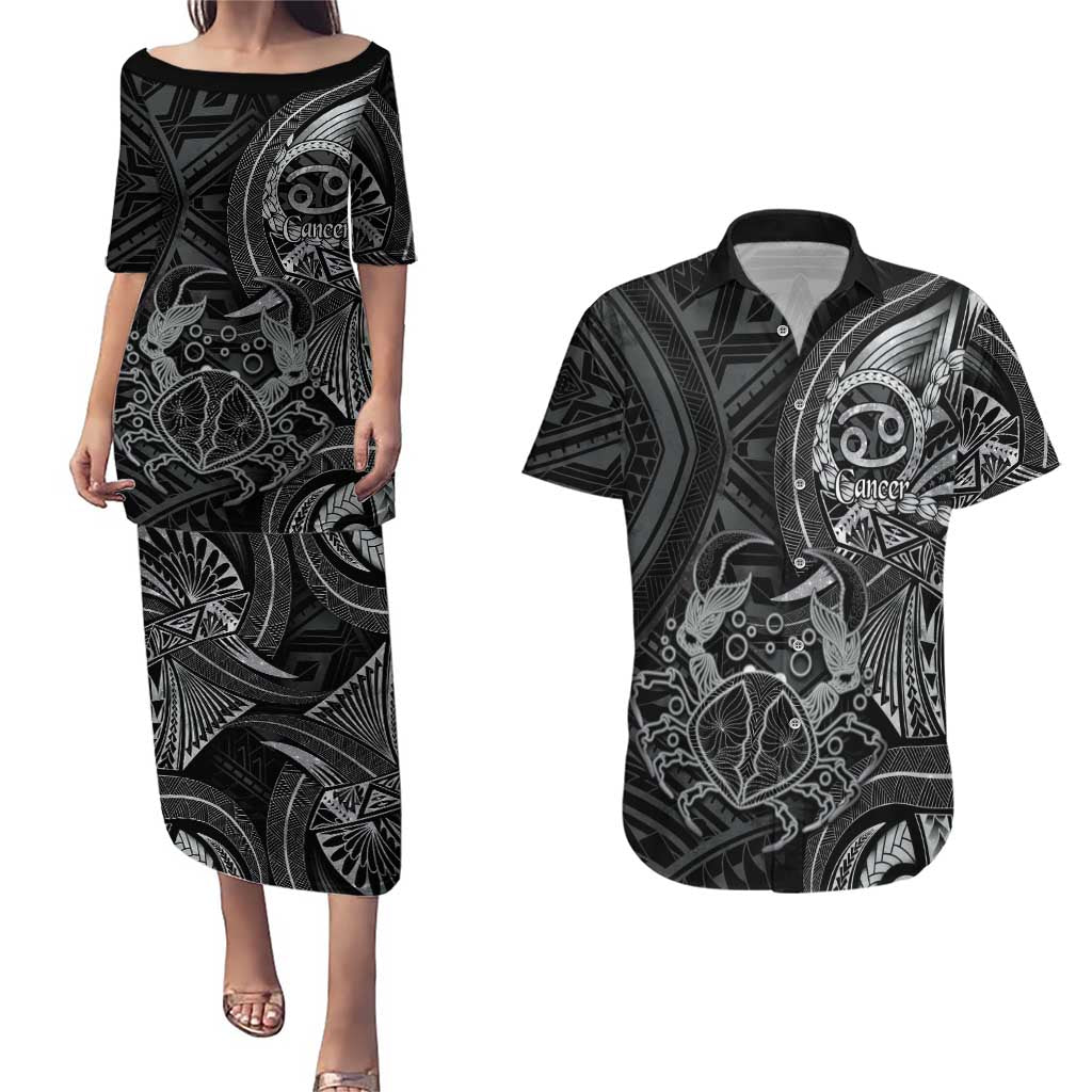 Personalised Polynesia Zodiac Cancer Couples Matching Puletasi and Hawaiian Shirt Galaxy Polynesian Pattern Chest Tattoo Style