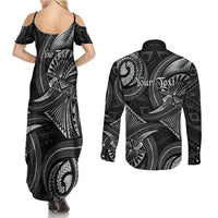 Personalised Polynesia Zodiac Cancer Couples Matching Summer Maxi Dress and Long Sleeve Button Shirt Galaxy Polynesian Pattern Chest Tattoo Style
