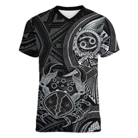Personalised Polynesia Zodiac Cancer Women V-Neck T-Shirt Galaxy Polynesian Pattern Chest Tattoo Style