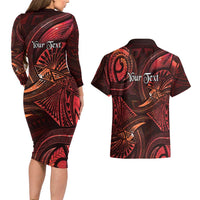 Personalised Polynesia Zodiac Scorpio Couples Matching Long Sleeve Bodycon Dress and Hawaiian Shirt Galaxy Polynesian Pattern Chest Tattoo Style